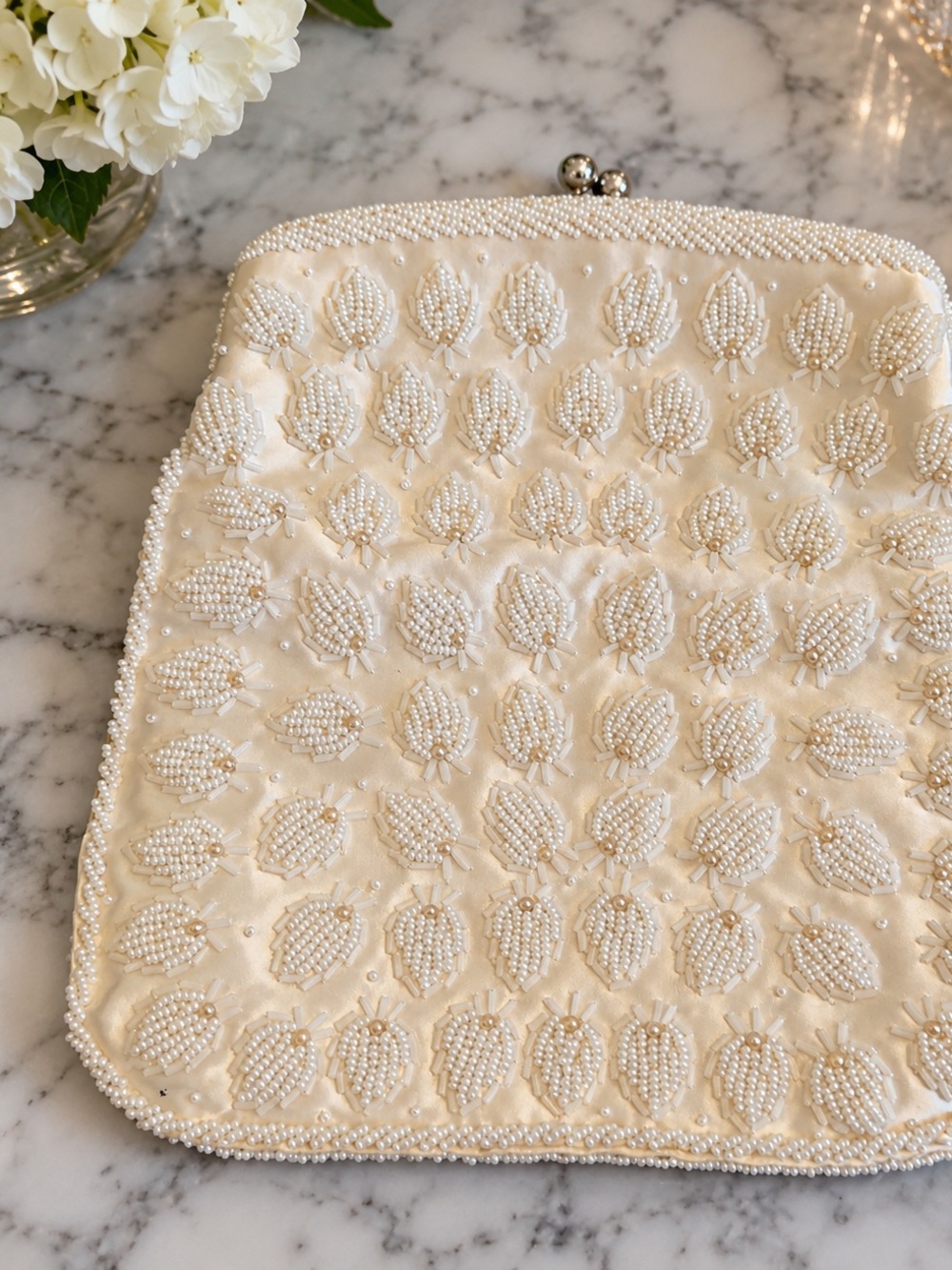 Vintage White Beaded Evening Clutch Pearl Embellished Bag 1950’s Satin Lining